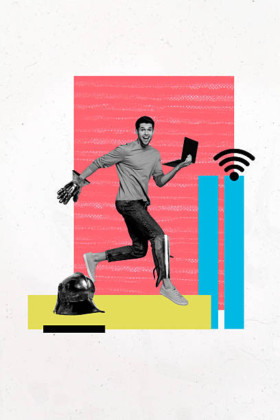 istock Sketch composite 3D photo collage trend artwork of office worker manager young man smile work laptop go hero knight armor glove helmet 2206671830