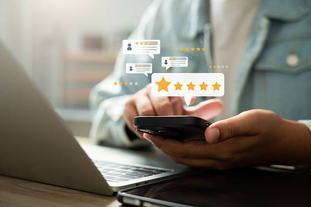 istock Customer satisfaction survey, Online feedback, Service rating, Users rate their experience with five-star review, Providing feedback on product quality and customer service through digital platform. 2206674430