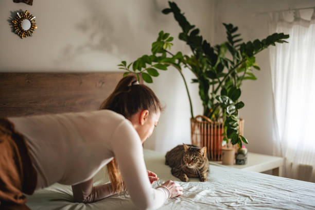 istock Woman Bonding with Cat on Bed Indoors 2206678041