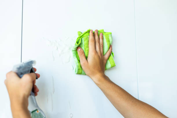 istock Hands Cleaning a Surface With Spray Bottle and Green Cloth 2206682749
