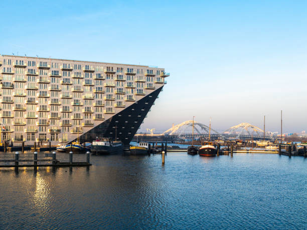 New architecture in Amsterdam, Zeeburg area. New made land near Amsterdam. Early morning shot.