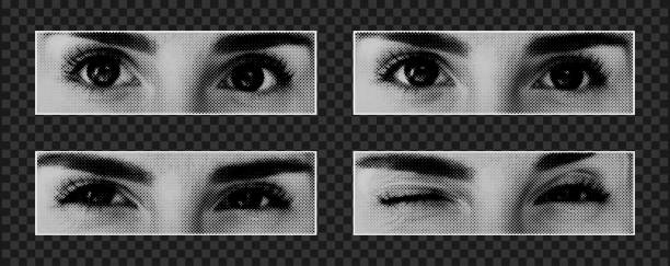 istock Set of pairs of eyes created with dot pattern and halftone effect. Cut out magazine elements for collage, girly eyes with eyebrows with different views and emotions on transparent background. 2206686394