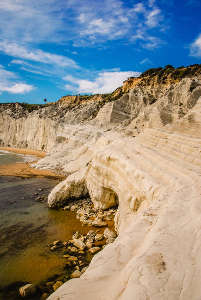 Visitors explore the striking Turkish Steps near Agrigento, Italy, where white limestone cliffs meet the blue waters. The area features dramatic natural formations, inviting sunbathers and photographers to enjoy its breathtaking scenery.