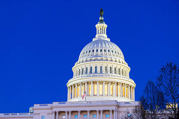 US Capitol Building and Rotunda illuminated at twilight against a blue sky