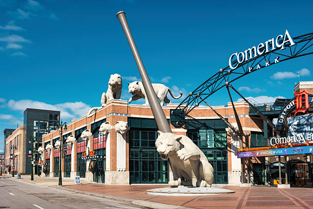 Detroit Michigan USA Comerica Park Baseball Stadium Comerica Park, baseball stadium and store, home to the Detroit Tigers, in Detroit, Michigan, USA on a sunny day. comerica park photos stock pictures, royalty-free photos & images