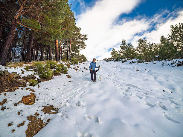 istock Hiker hiking in a snowy mountain landscape 2206700130