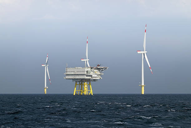 istock Offshore Wind Energy: Windfarm and substation with Service Helicopter on the helipad. 2206707366