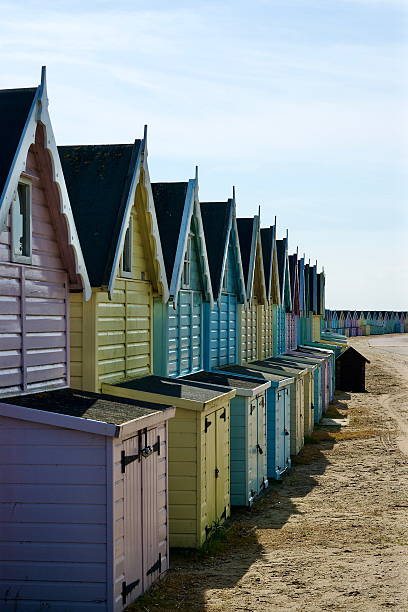 istock Colorful Beach Huts in a Row Along a Sandy Coastline Mersea 2206709630