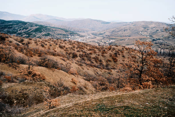 Winding road and town in springtime mountain valley