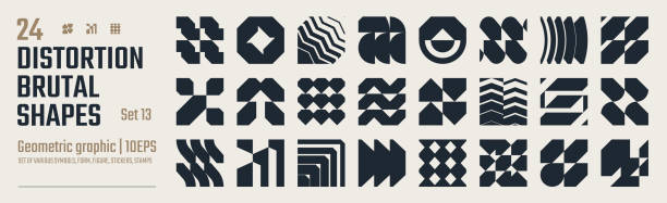 Postmodern abstract geometric graphic elements, Refraction and distortion glass effect various form, Brutalist vector shapes, trendy retro design symbols in Y2K aesthetics, vintage stickers, set 13