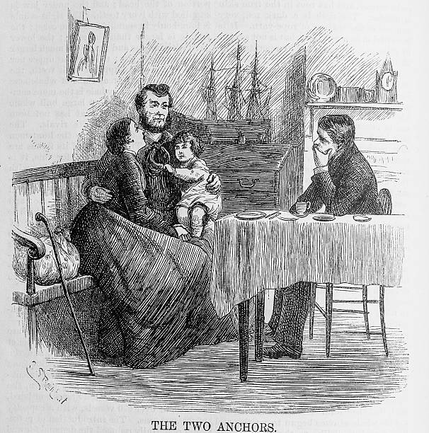 From Harpers Monthly Magazine 1874-  A  recently returned seaman sits next to his wife with his child on his lap and he refers them as his two anchors that will try to keep him ashore.