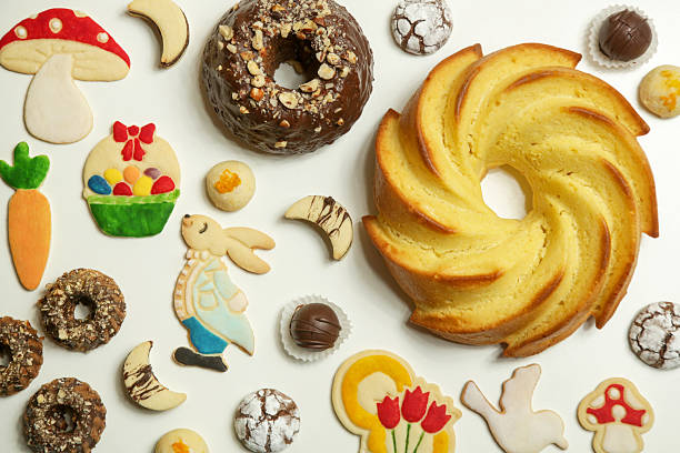 istock Sweet and buttery Easter sugar cookies, Cute thin homemade biscuits in various shapes 2206722561