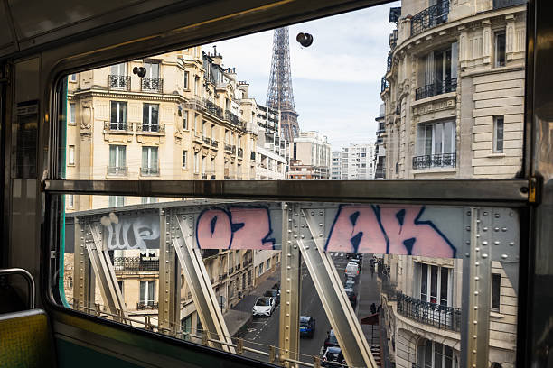 Paris, France - March 4th 2025 : The Eiffel Tower seen from an elevated train of the Paris Metro in Paris - Streets of Paris