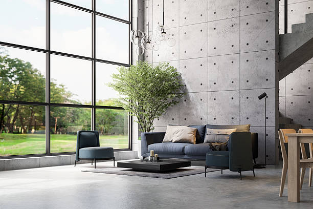 istock Modern loft style high ceiling living room with nature view 3d render 2206732332