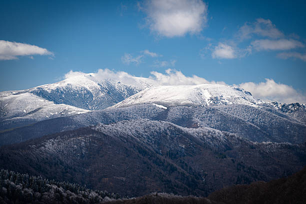istock Snow-covered mountain peaks rising above forested slopes under a blue sky 2206738873