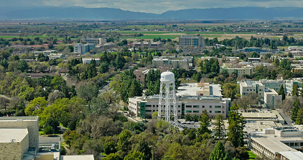 Aerial shot of University of California campus buildings in Davis on a sunny day in spring.