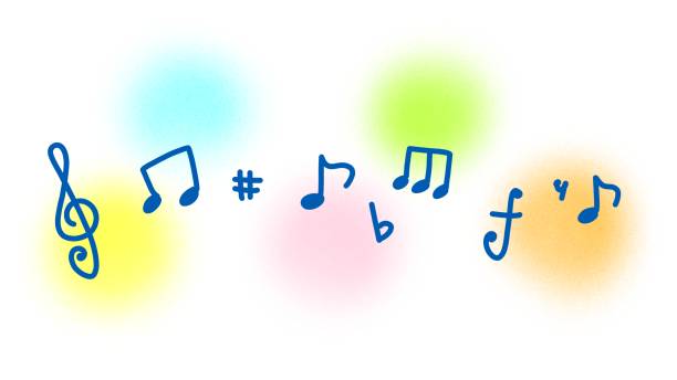 istock Illustration of cute musical notes on colorful musical staves 2206751720