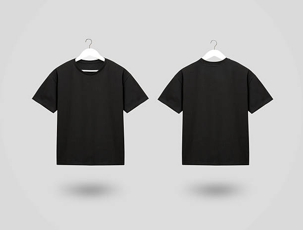 istock Black t-shirt front and back side on grey background isolated with shadow.Cotton shirt object nobody.Male tshirt on hanger.Hanging clothes. 2206755958