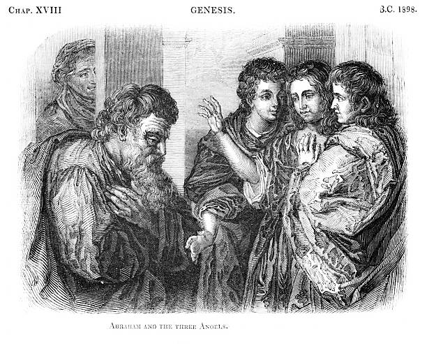 Three angels tell Abraham that his wife Sarah would birth a son, and God would destroy Sodom and Gomorrah. Bible History. Illustration published 1836. This edition is in my private collection. Copyright is in public domain.