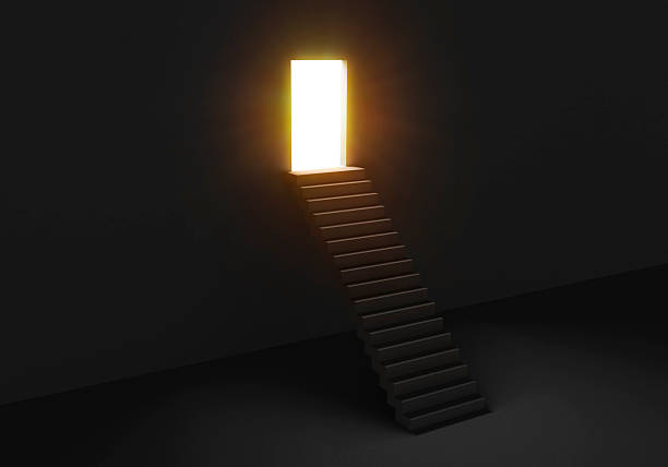 istock Light from open door with stairs dark wall, business concept 2206759933