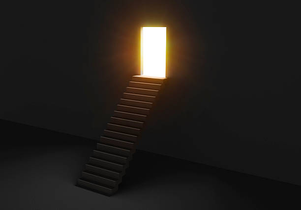 istock Light from open door with stairs dark wall, business concept 2206760036