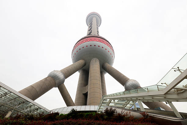 Shanghai, China. January 8, 2025. wide angle panoramic view from below of modern skyscrapers in the city center