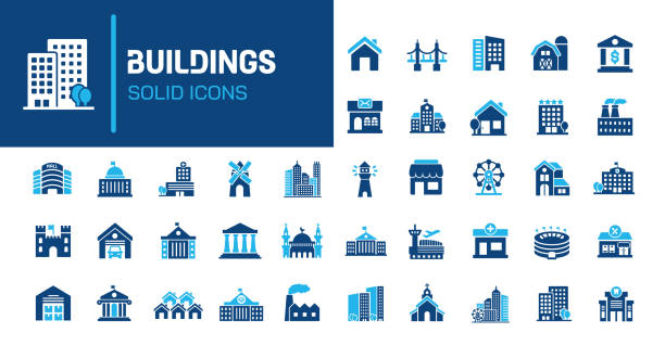 stockillustraties, clipart, cartoons en iconen met building glyph solid icons. containing house, residential, town, city solid icons collection. vector illustration. perfect pixel on clean white background - gebouw-exterieur