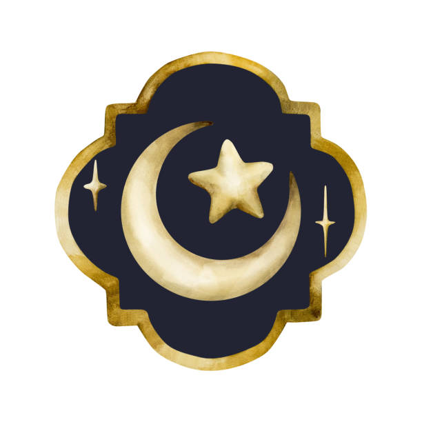 istock Islamic golden decorative element with crescent and star on dark background. Watercolor hand drawn isolated illustration 2206775627