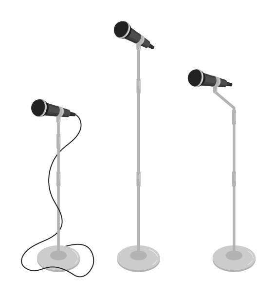 istock Karaoke stage microphone on telescopic stand with adjustable height for convenience of performer. Vocal equipment for stage performance. 3D vector isolated on white background 2206783145