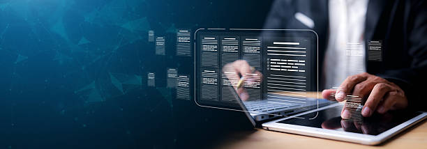 istock Businessman showing online document validation icon, quality assessment management With a checklist, business document evaluation process, market data report analysis and consulting 2206784004