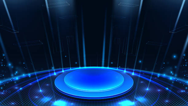istock Empty blue podium on dark background with soft neon effect and bokeh decoration. Futuristic technology scene design concept. Vector illustration. 2206789884