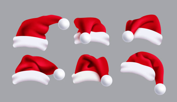 ilustrații de stoc cu design de decor vectorial cu pălărie de moș crăciun. colecția de elemente de șapcă de crăciun moș crăciun 3d în unghiuri diferite - pălărie