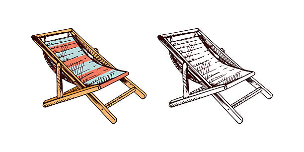 Beach deck chair hand drawn sketch in color and monochrome version, summer travel element
