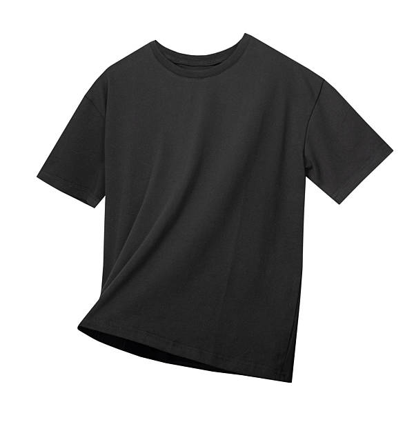 istock Black cotton t-shirt flying isolated on white, nobody. Regular male tshirt front side. 2206794199