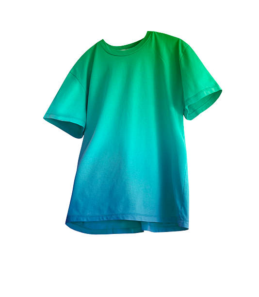 Gradient green blue cotton t-shirt isolated on white.Summer item, textile.Flying tshirt cut out.Cyan clothes.