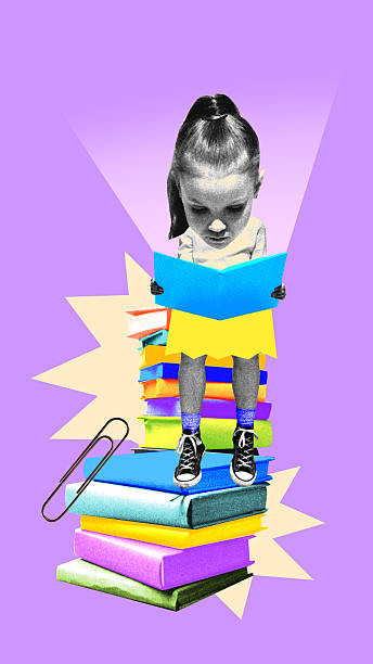 istock Little girl sitting on colorful book stack, deeply focused on reading. Contemporary art collage. 2206795594