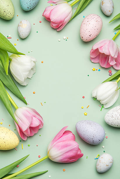 istock Easter eggs and tulips forming a frame on a pastel green background 2206801990