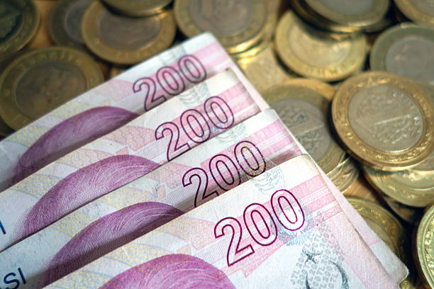 Background of Turkish Lira banknotes. 200 Turkish lira and coins. Close-Up.