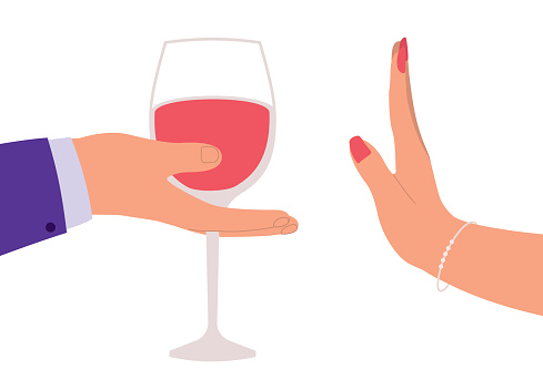 Hand Declining Females Hand In Stop Gesture Refusing Wine Offered By A Man Halt ...