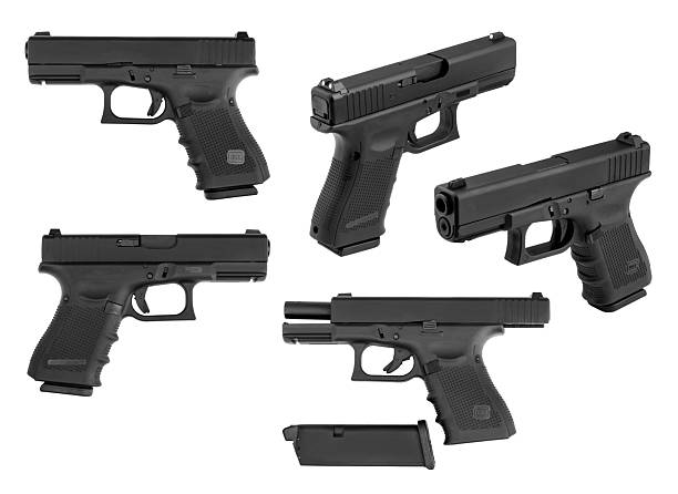 Set of black Pistol Glock 23 isolated on white background. Handgun at different view angles. Collection images object hand semi automatic firearm 9mm for cop and military police or security.