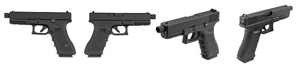 istock Set of black Pistol Glock 17 isolated on white background. Handgun at different view angles. Collection images object hand semi automatic firearm 6mm for airsoft 2206808077