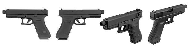 istock Set of black Pistol Glock 18 isolated on white background. Handgun at different view angles. Collection images object hand semi automatic firearm 9mm for cop and military police or security 2206808230