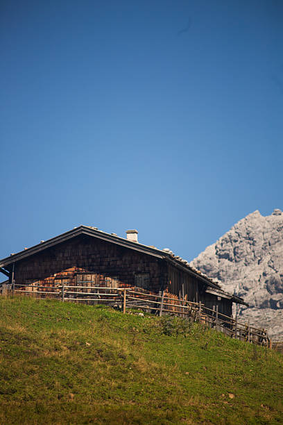 A picturesque scene of traditional alpine wooden cabins nestled on a high-altitude pasture in the Austrian Alps. The charming rustic huts are surrounded by majestic mountain peaks, bathed in warm golden sunset light. The breathtaking landscape captures the tranquility and beauty of alpine life, making it perfect for themes of travel, nature, mountain retreats, and eco-tourism