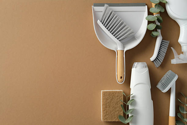 istock Cleaning tools on a brown background, featuring a dustpan, brushes, spray bottle, sponge, and eucalyptus leaves. Ideal for eco-friendly cleaning and housekeeping themes 2206812876