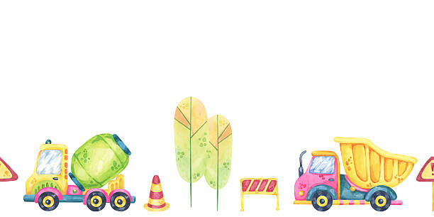 istock Cement mixers, traffic cones, and dump trucks. Seamless border construction site, toys watercolor clipart. 2206814487