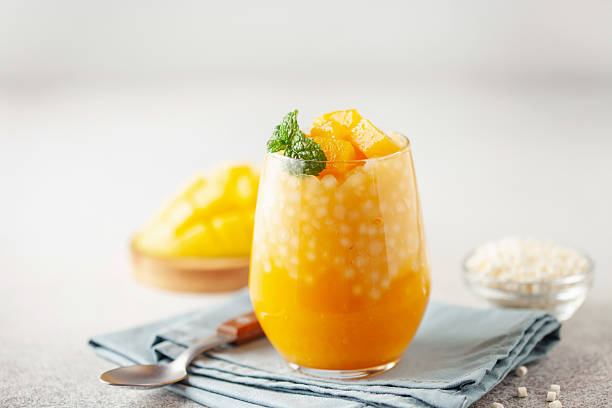 istock Mango sago creamy dessert in a glass on a white background 2206817558