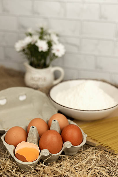 Eggs, flour, spaghetti. Cooking pasta. Ingredients for cooking pasta. High quality photo