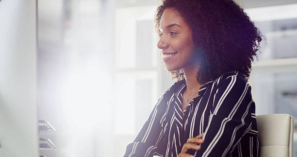 istock Thinking, business and woman in office, computer and planning with email for approval. Journalist, copywriting and employee in workplace, pc and online reading with editor for magazine and smile 2206818174