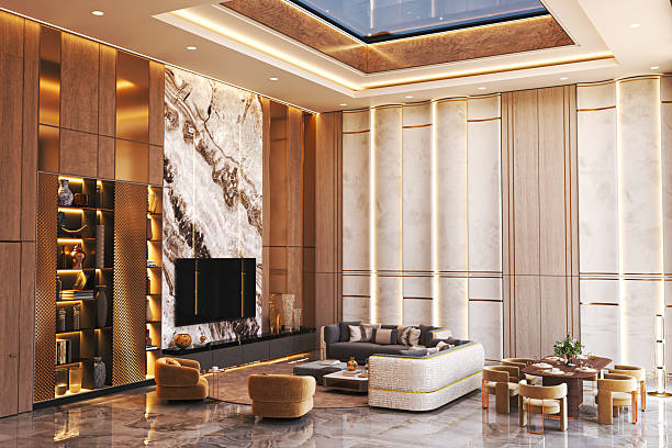 Luxurious living room with marble accents