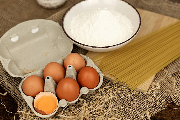 Eggs, flour, spaghetti. Cooking pasta. Ingredients for cooking pasta. High quality photo